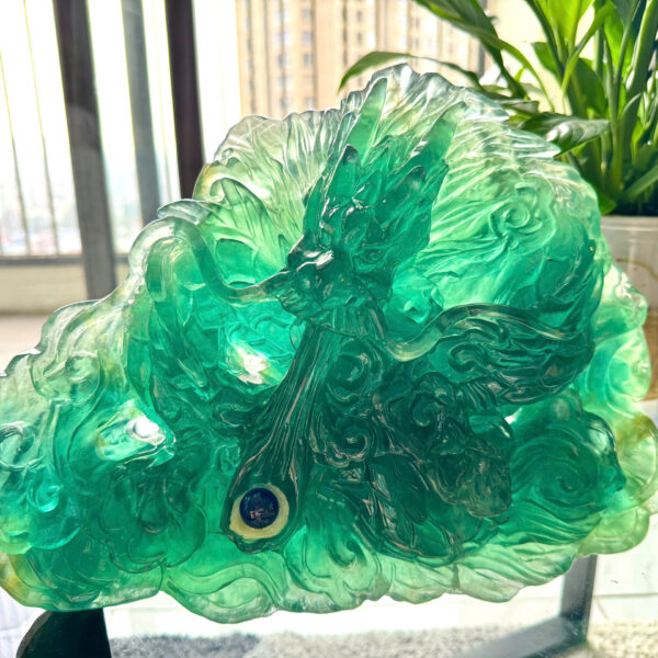 Tượng Thanh Long Nhả Ngọc – Đá Fluorite Xanh Mông Cổ Tạc Tay Thủ Công